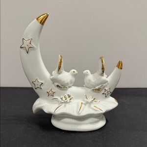 Vintage White Crescent Moon With Doves Figurine Gold Stars Porcelain Figurine